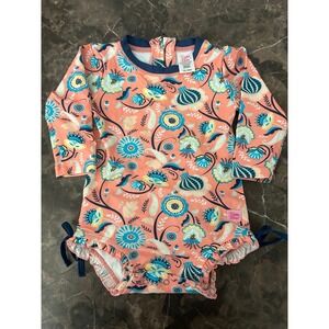 Ruffle Butts Bright Orange & Navy Floral Swimsuit Long Sleeve Rash Guard 12-18M